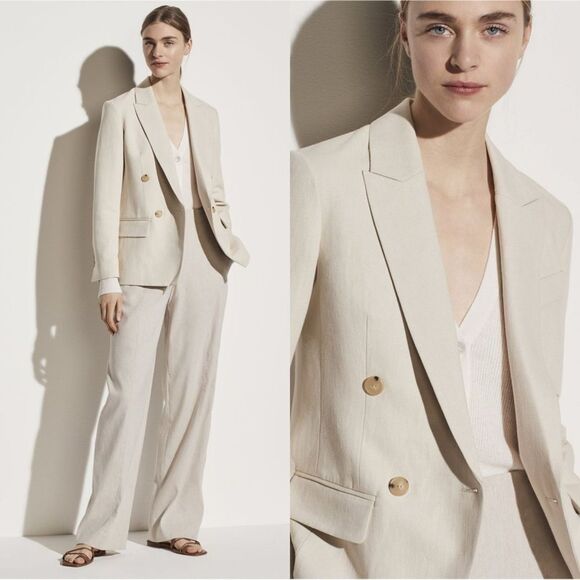 VINCE Textured Linen Double breasted blazer in Sand - Picture 1 of 9